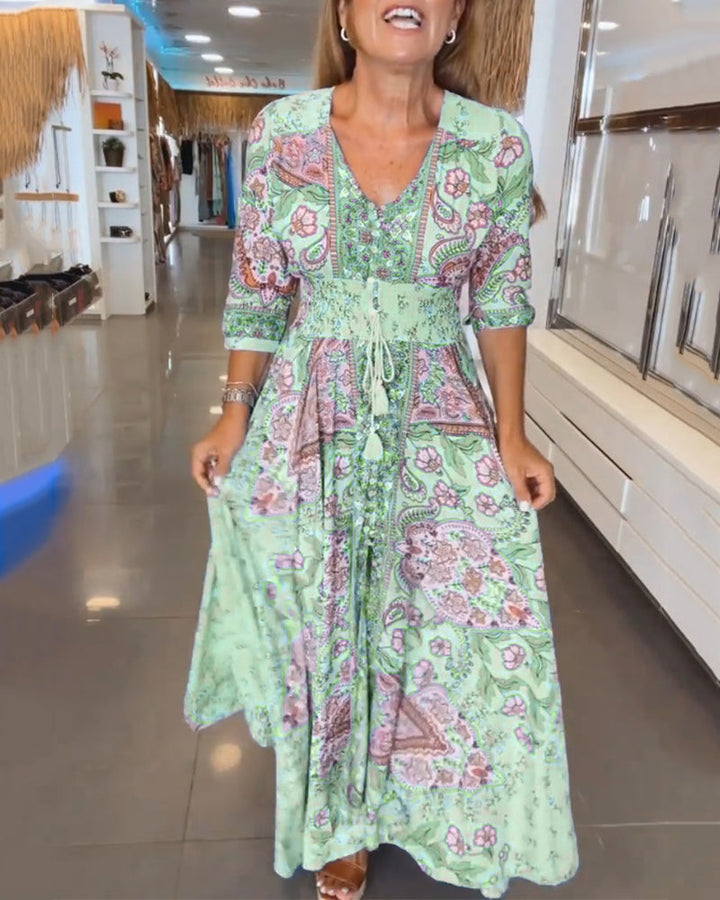 Helia - Robe de Vacances avec Col en V et Manches 3/4