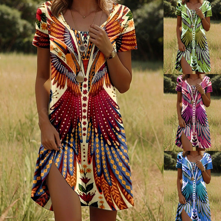 Nivara - Robe à Col Rond avec Imprimé Indien à Manches Courtes