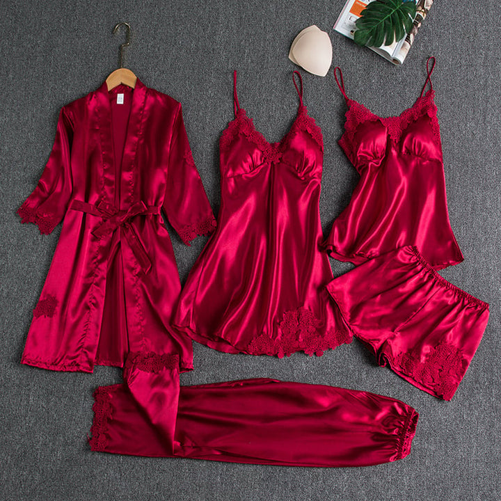 Elyssara - Ensemble De Nuit En Satin Glacé 5 Pièces Pour Femme