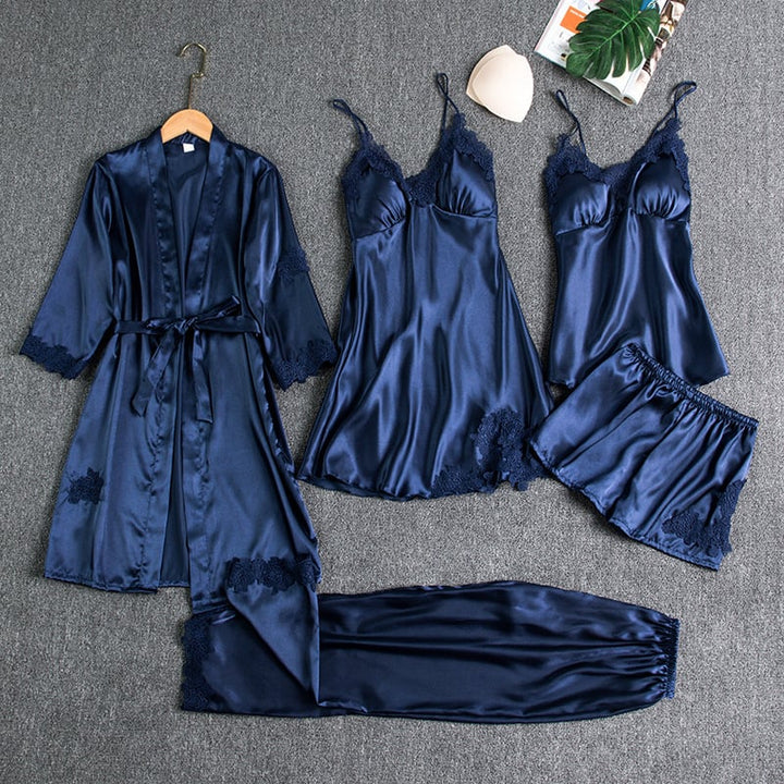 Elyssara - Ensemble De Nuit En Satin Glacé 5 Pièces Pour Femme