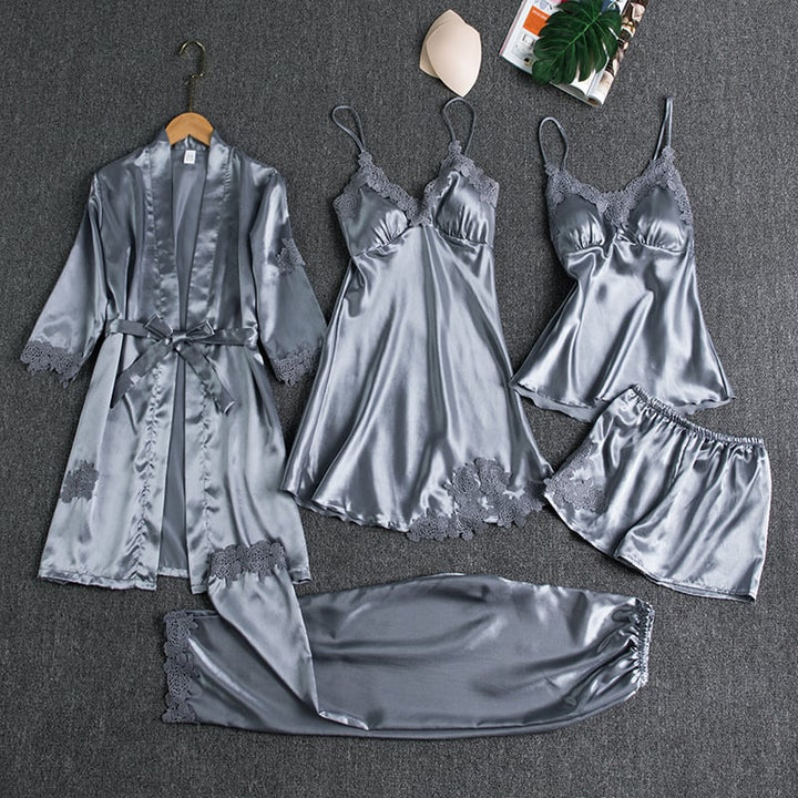 Elyssara - Ensemble De Nuit En Satin Glacé 5 Pièces Pour Femme