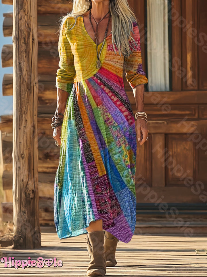 Delyne - Robe Bohème en Coton et Lin à Patchwork Multicolore