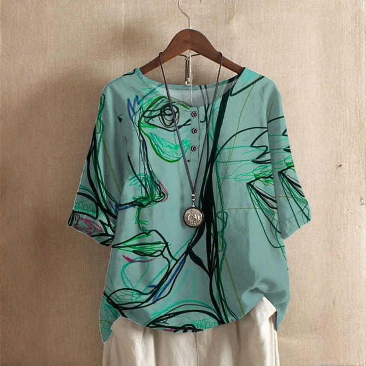 Averitha - T-shirt femme artistique imprimé à manches 3/4 et col rond