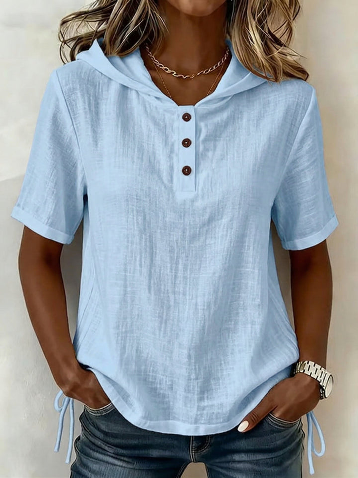 Aevrixa - Top femme à capuche fluide manches courtes boutons col ouvert style casual