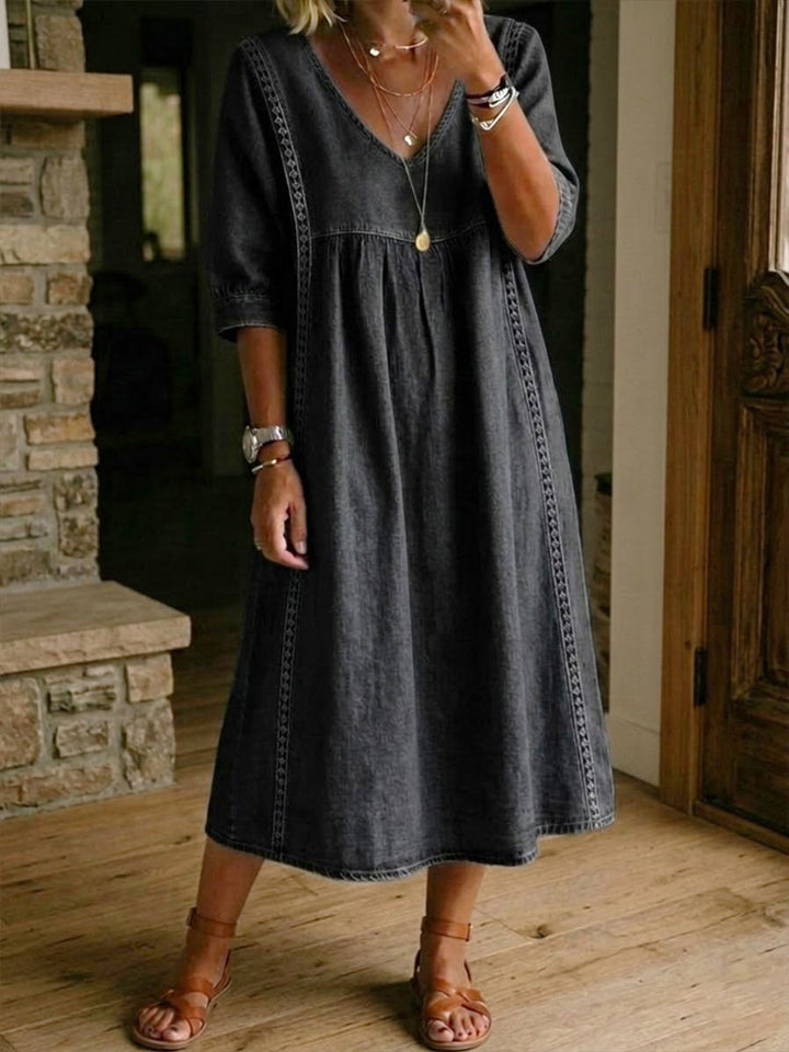 Fyntra - Robe femme denim fluide col V dentelle style décontracté élégant