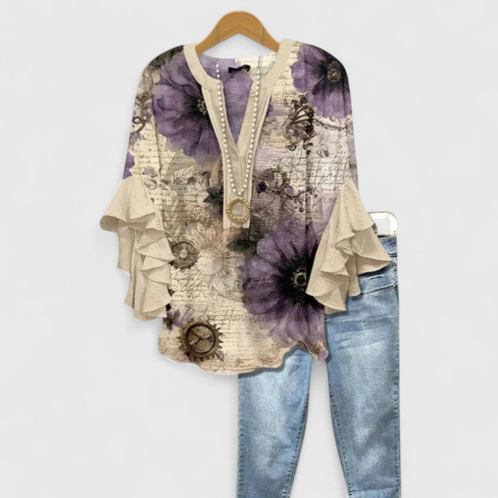 Myravelle - Blouse femme imprimée bohème manches volantées élégantes