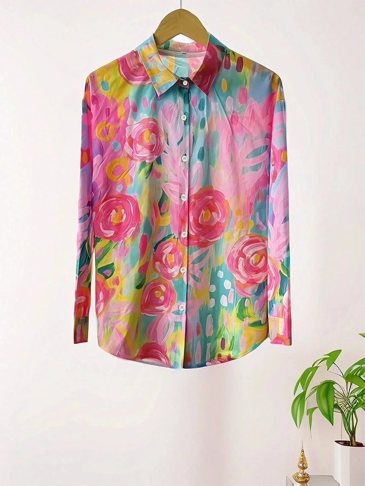 Myzelle - Blouse femme fluide imprimée manches longues col V boutonnée élégante