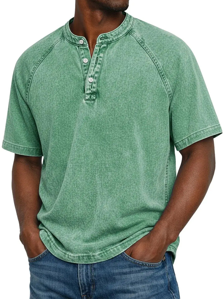 Elias - T-shirt homme col Henley manches courtes effet délavé vintage coton