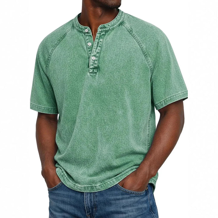 Elias - T-shirt homme col Henley manches courtes effet délavé vintage coton