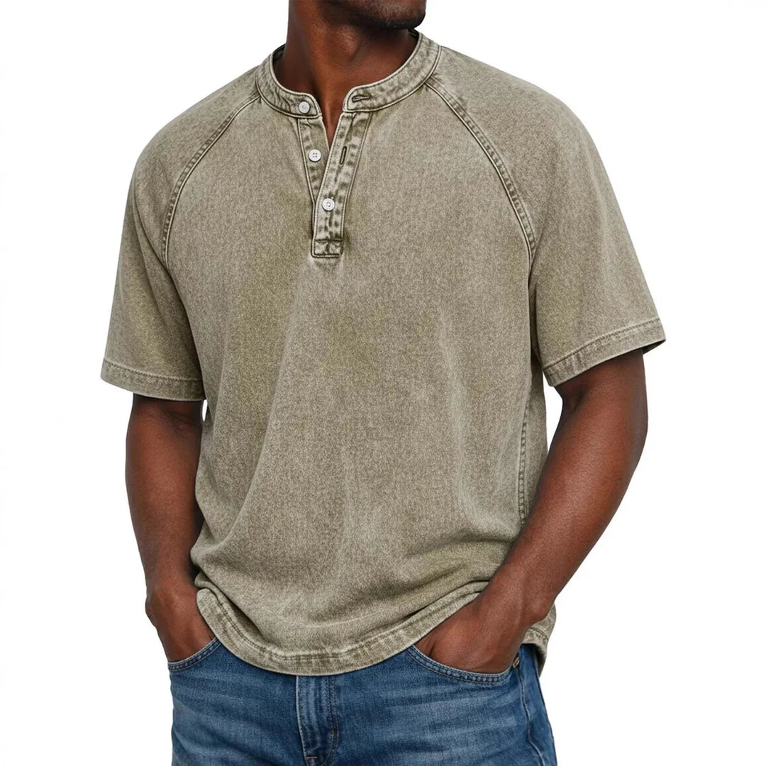 Elias - T-shirt homme col Henley manches courtes effet délavé vintage coton