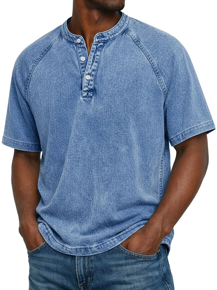 Elias - T-shirt homme col Henley manches courtes effet délavé vintage coton