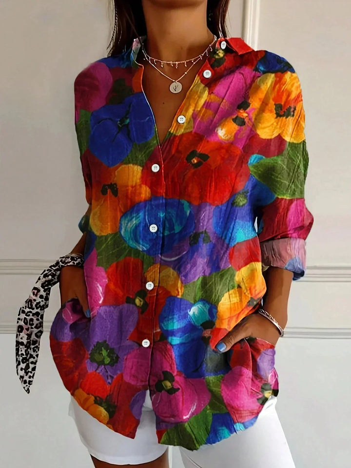 Myzelle - Blouse femme fluide imprimée manches longues col V boutonnée élégante