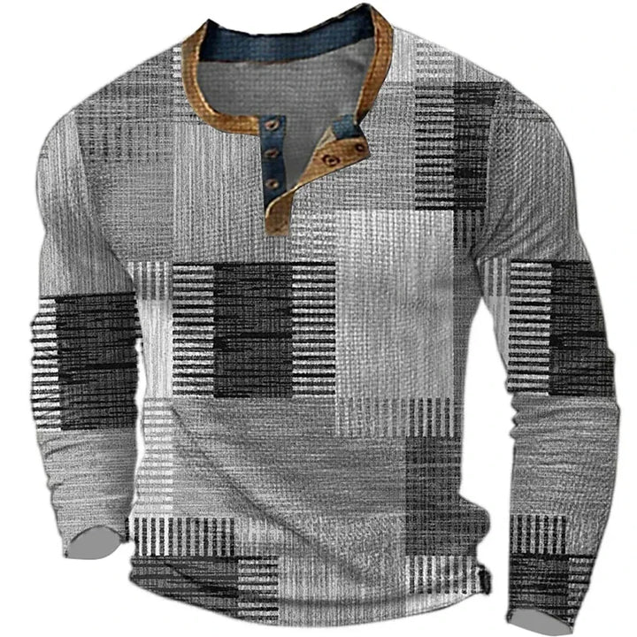 Damian - T-shirt homme manches longues imprimé géométrique col Henley