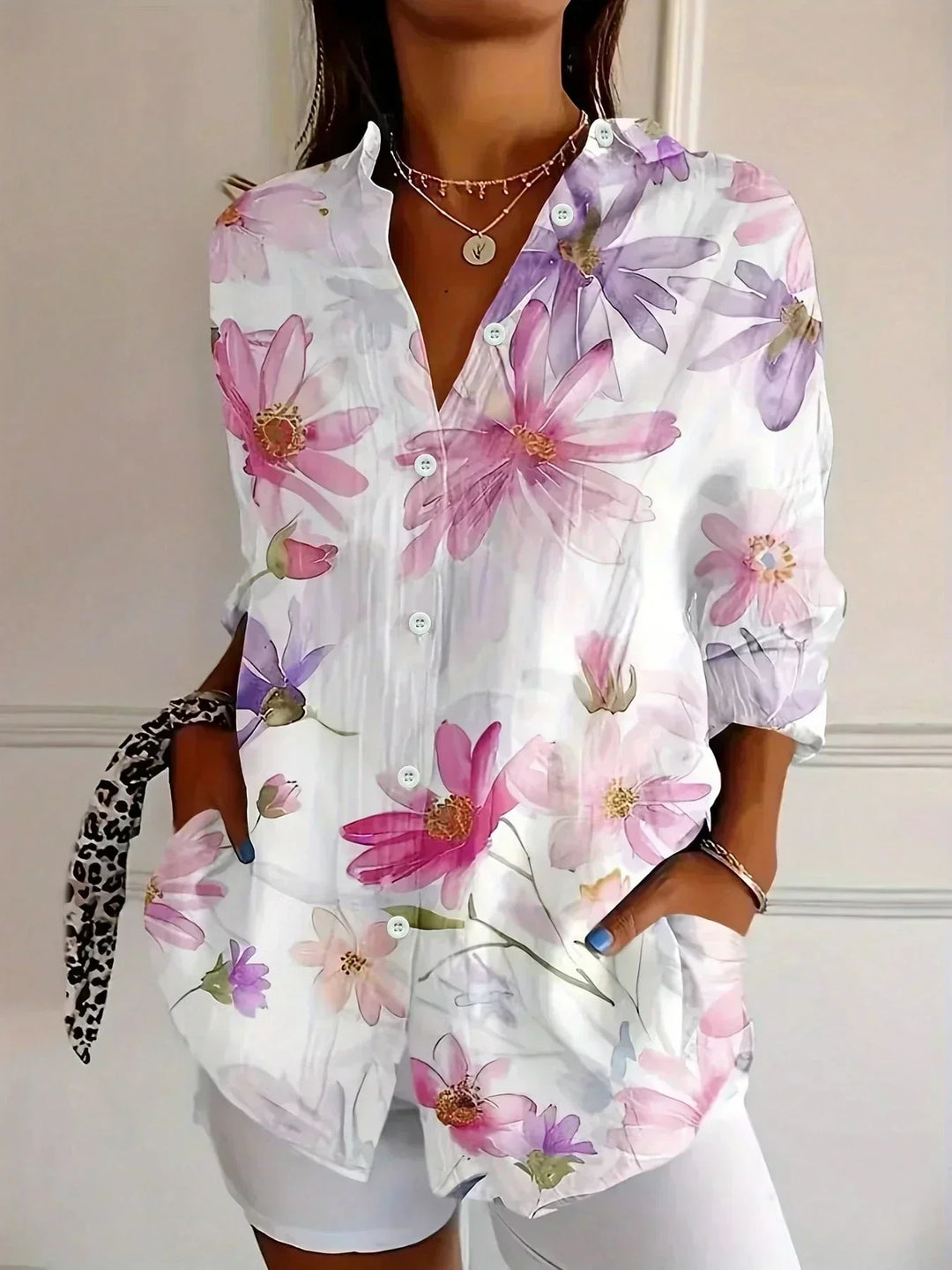 Myzelle - Blouse femme fluide imprimée manches longues col V boutonnée élégante