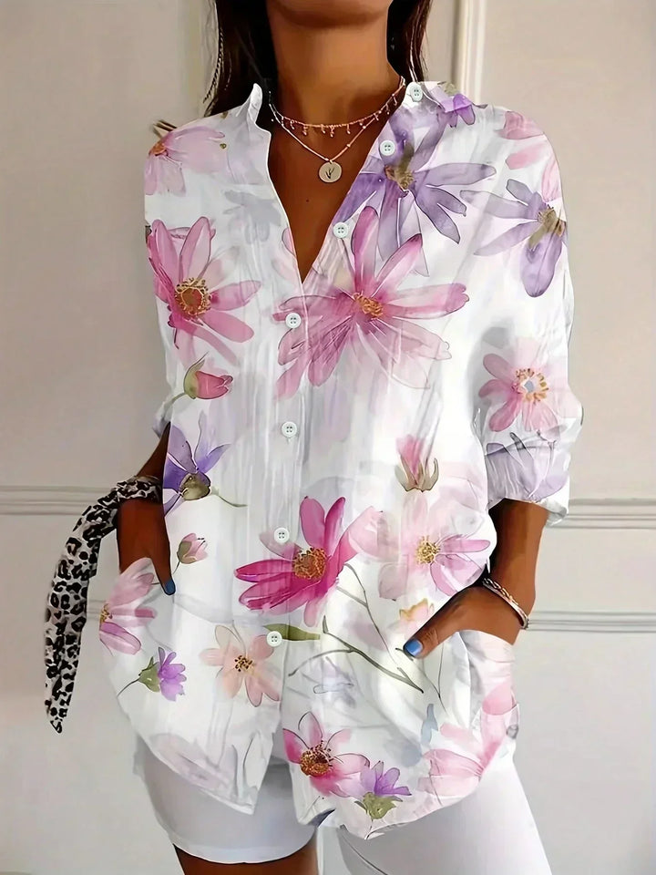 Myzelle - Blouse femme fluide imprimée manches longues col V boutonnée élégante
