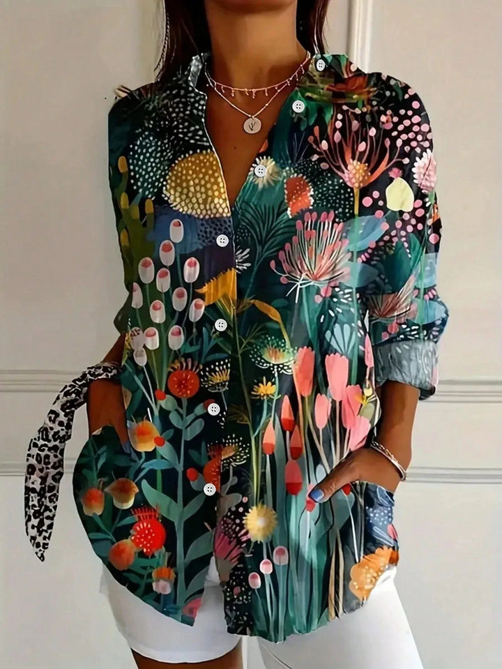 Myzelle - Blouse femme fluide imprimée manches longues col V boutonnée élégante