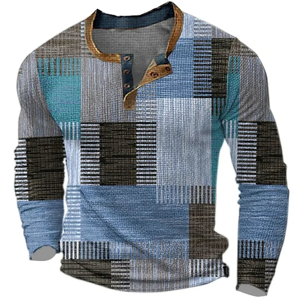 Damian - T-shirt homme manches longues imprimé géométrique col Henley