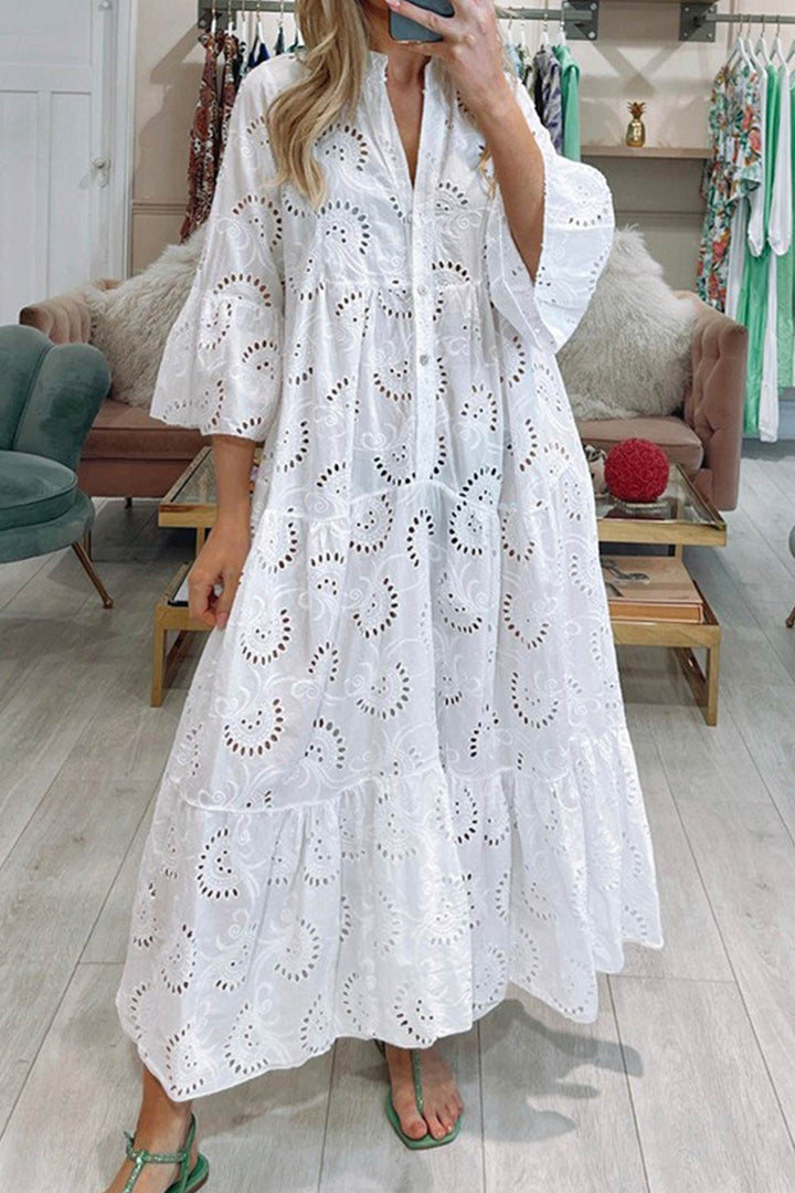 Noa - Robe en coton avec manches brodées et col en V