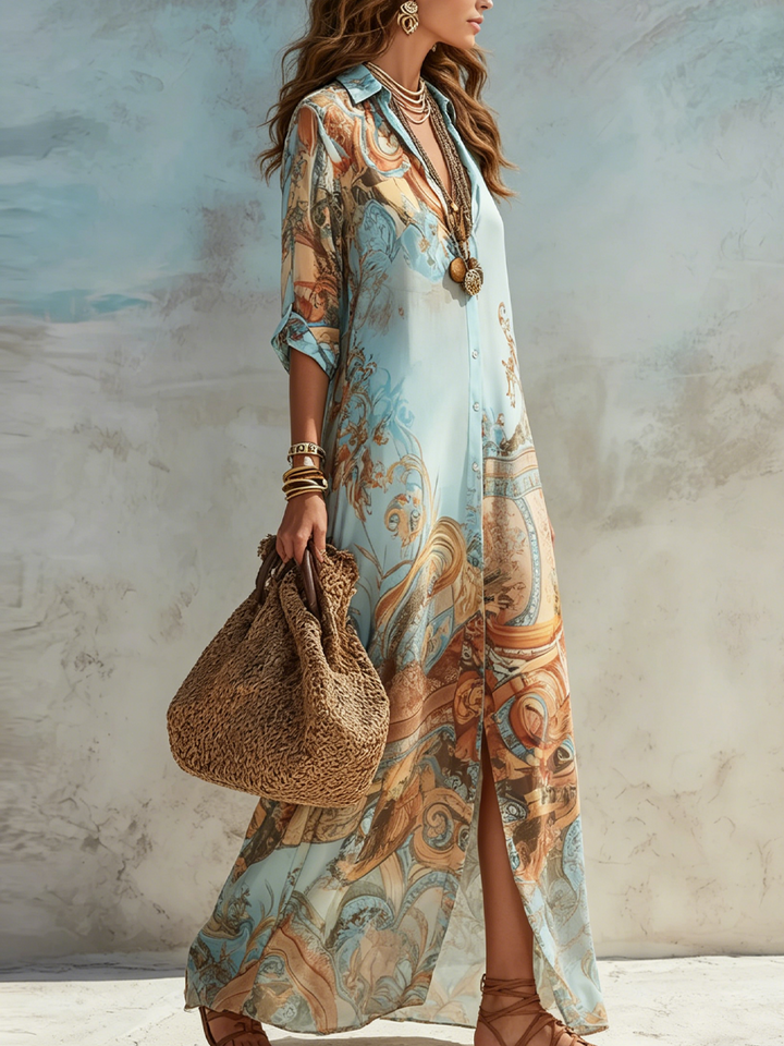 Luisa | Robe maxi chemisier méditerranéenne