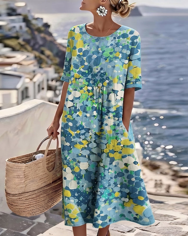 Averixa - Robe femme mi-longue imprimé floral abstrait coton lin été