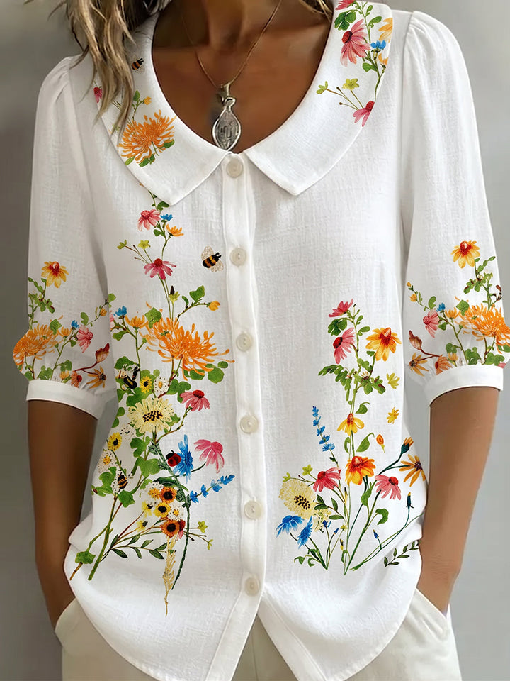 Mavessia - Chemise femme coton et lin imprimé floral artistique vintage
