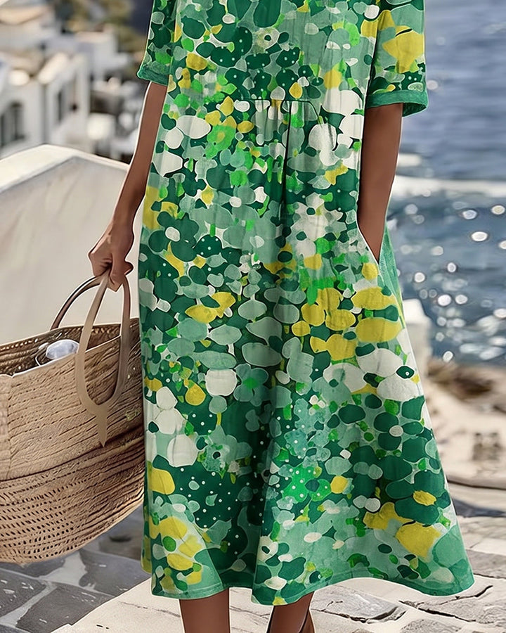 Averixa - Robe femme mi-longue imprimé floral abstrait coton lin été