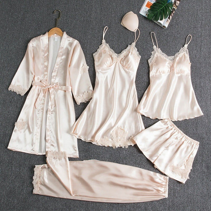 Elyssara - Ensemble De Nuit En Satin Glacé 5 Pièces Pour Femme