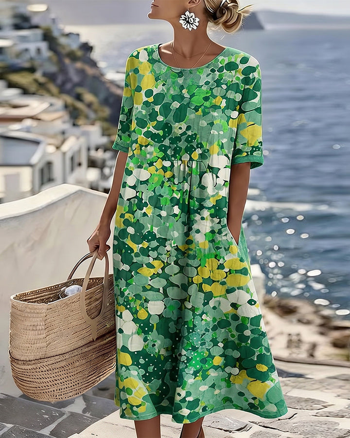 Averixa - Robe femme mi-longue imprimé floral abstrait coton lin été