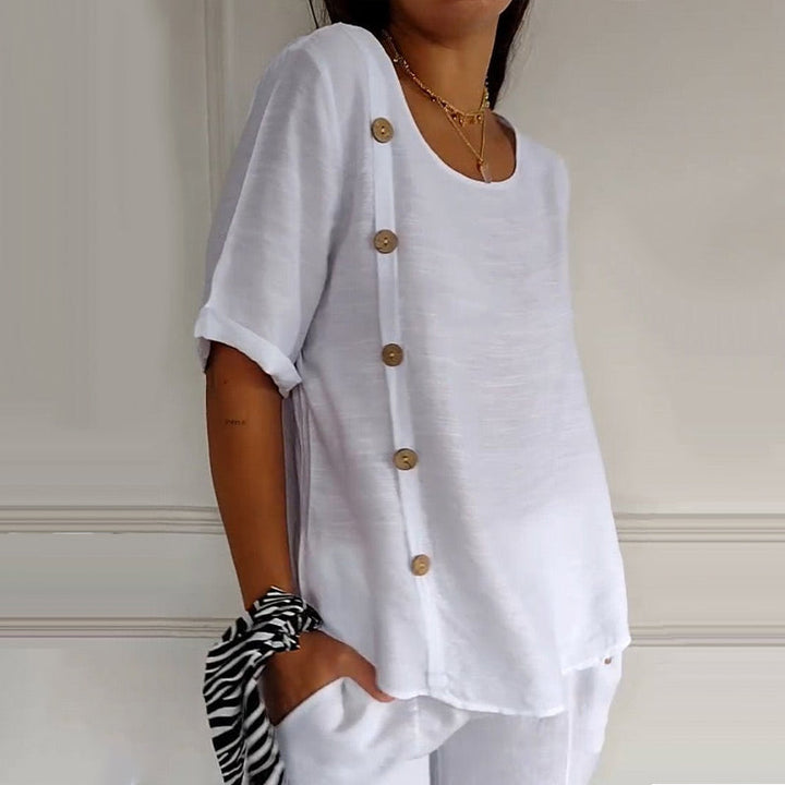 Rovryne - Blouse femme lin col rond boutons latéraux coupe ample été
