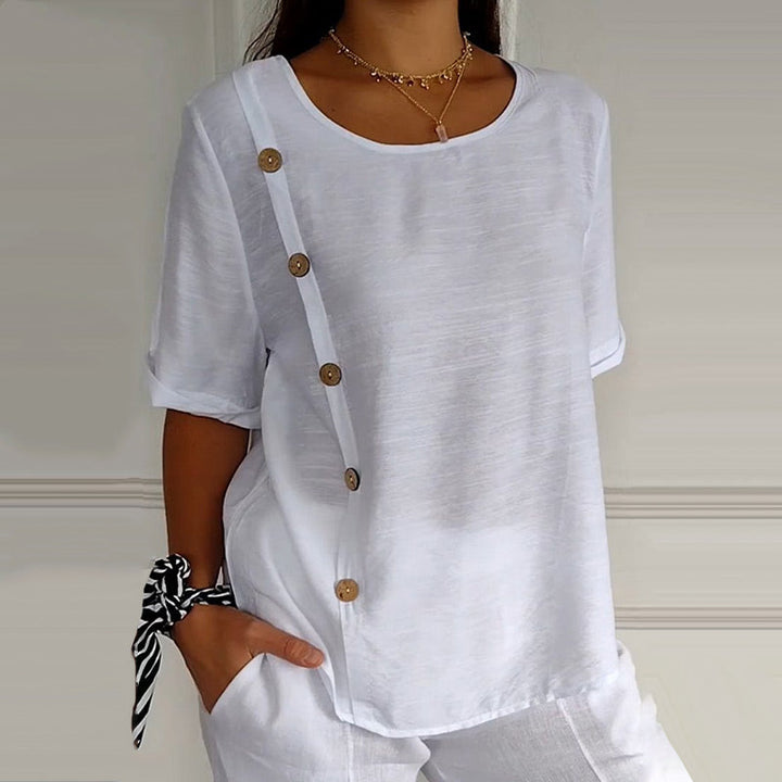 Rovryne - Blouse femme lin col rond boutons latéraux coupe ample été