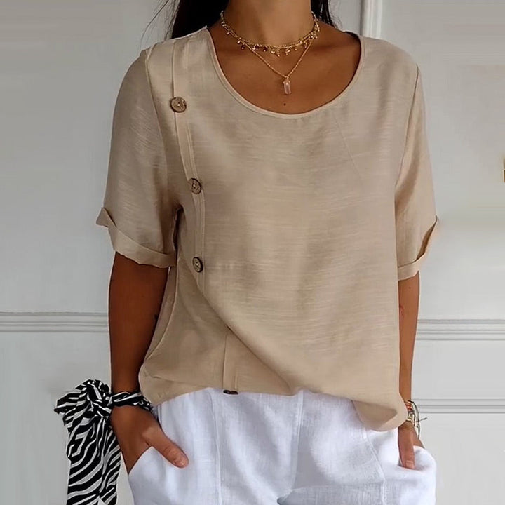 Rovryne - Blouse femme lin col rond boutons latéraux coupe ample été