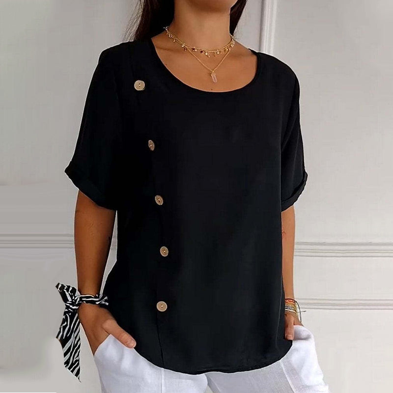 Rovryne - Blouse femme lin col rond boutons latéraux coupe ample été