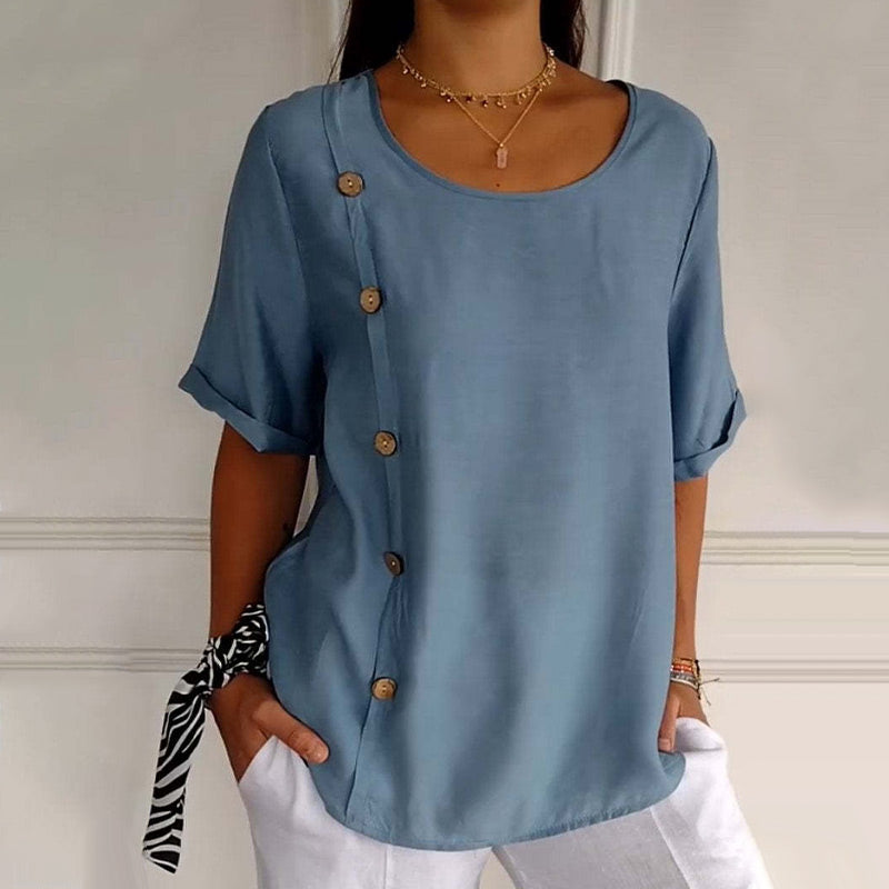 Rovryne - Blouse femme lin col rond boutons latéraux coupe ample été