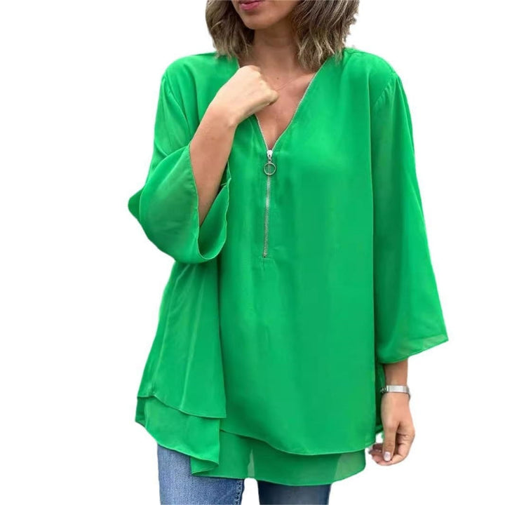 Quorina - Blouse Femme en Chiffon Col V Zippé Manches 3/4 Fluide Élégante