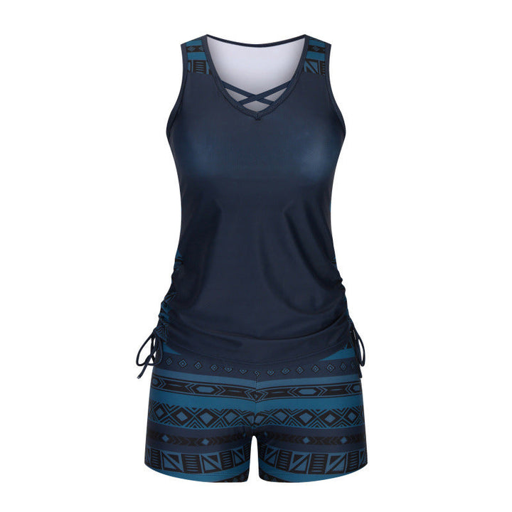 Tovienne - Tankini femme deux pièces col V shorts imprimé géométrique
